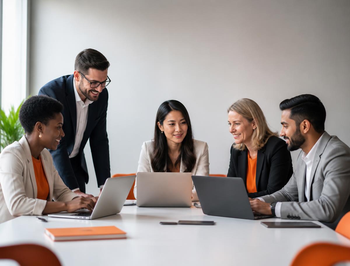 Equipe da R e J Contábil reunida em escritório moderno