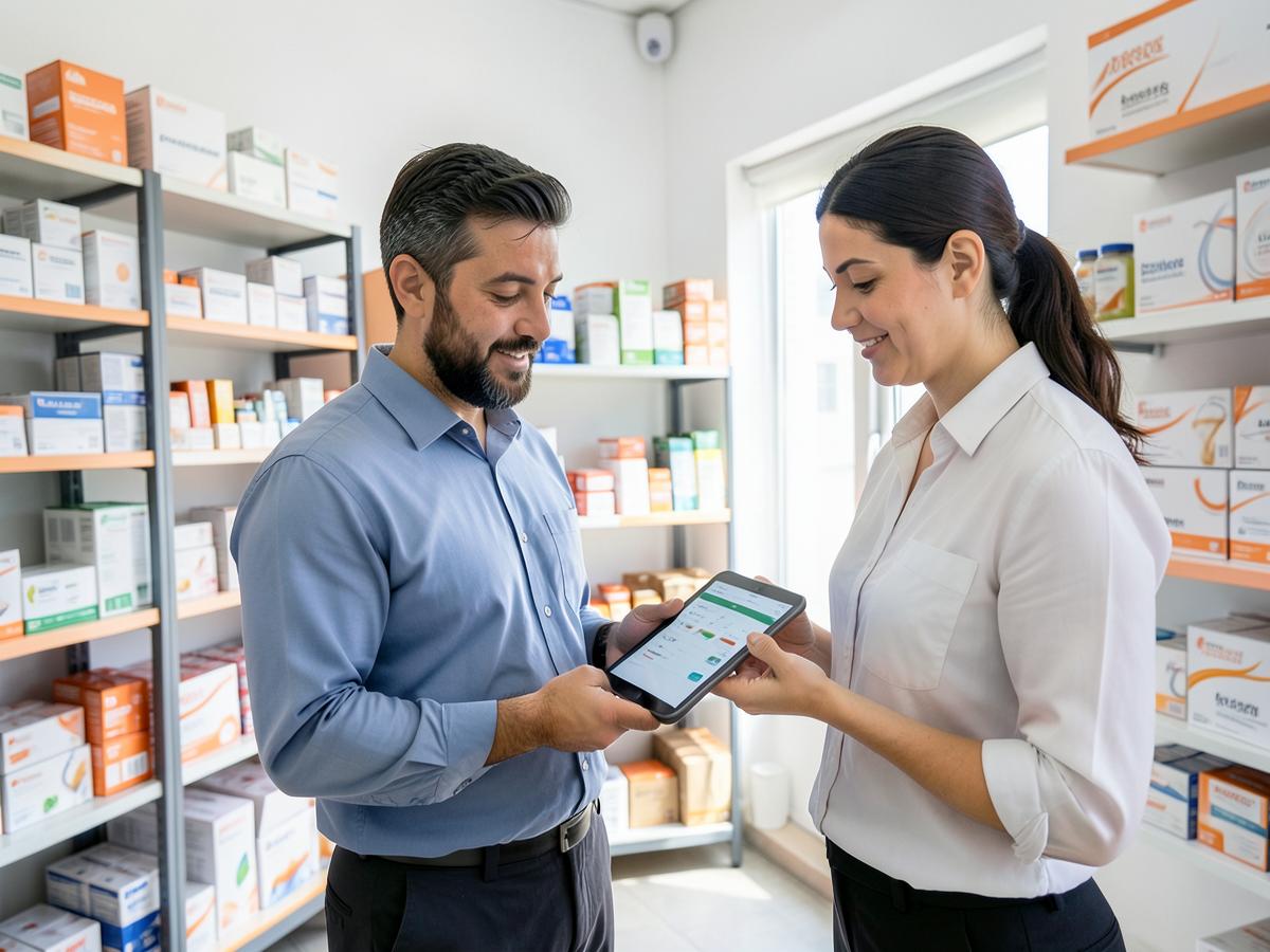 Gestores de comércio conferindo produtos e informações em um tablet