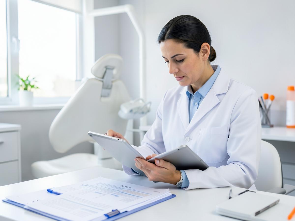 Dentista analisando documentos e informações em um consultório moderno
