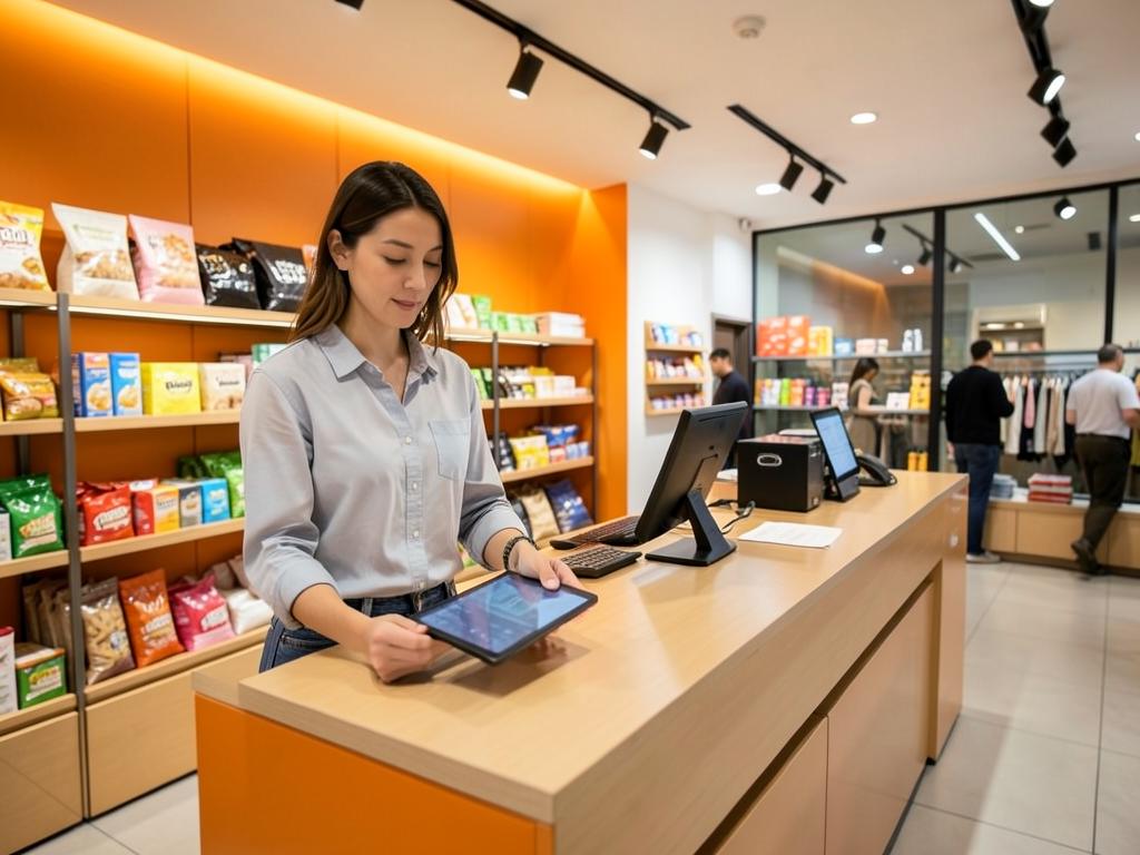 Lojista conferindo produtos e vendas em um tablet no balcão da loja
