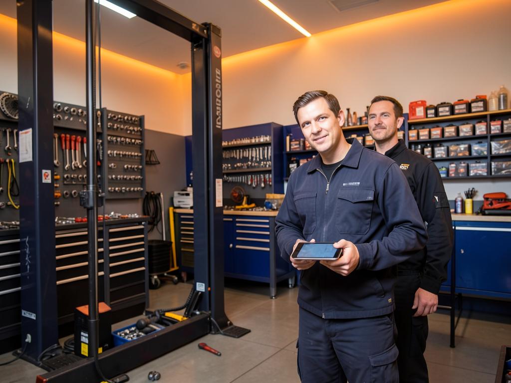 Equipe de oficina automotiva conferindo informações em um tablet ao lado do elevador
